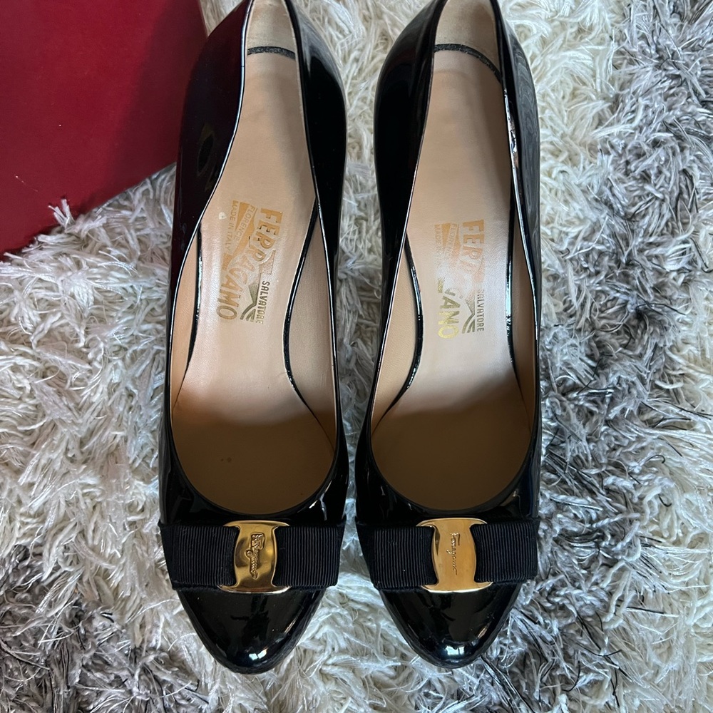 Salvatore Ferragamo Black High Heel Pumps with Gold Ornament